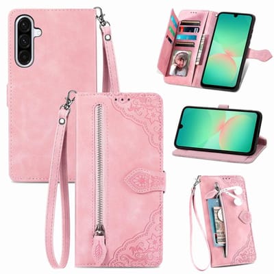 Telestore - telefoonhoesje geschikt voor Samsung Galaxy A26 5G - Portemonnee met rits - book-case hoesje - ruimte voor 7 pasjes - mandala bloemen roze