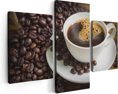 Artaza Canvas Schilderij Drieluik Kopje Koffie Met Koffiebonen - 90x60 - Foto Op Canvas - Canvas Print