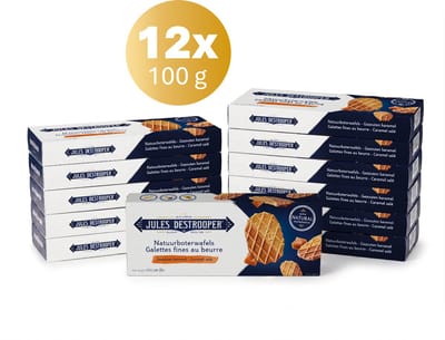 Jules Destrooper Natuurboterwafel Koekjes met Karamel 12 x 100g - Koffiekoekjes in grootverpakking voor bij de koffie of thee - Assortiment van 12 dozen individueel verpakt