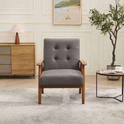 MODENUIT Fauteuil - Loungestoel Met Ademend Leer En Rugstiksel - Voor Woonkamer En Thuiskantoor - Hout - Grijs