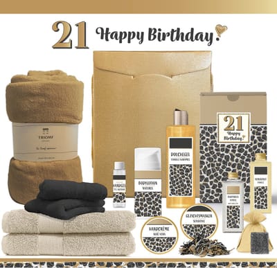 Geschenkset “21 Jaar Happy Birthday!” - 13 producten - 1910 gram | Giftset voor haar - Luxe wellness Cadeaupakket - Cadeau Vrouw Verjaardag Eenentwintig jaar - Gefeliciteerd - Gift Set Twenty one Party - Geschenk Pakket - Cadeaubox Panter Zwart Goud