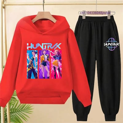 Sweat à capuche imprimé KPop Chasseurs de Démons Vêtements de dessin animé pour enfants Sweat-shirts à capuche pour filles Pantalon Ensemble 2 pièces Tenues pour petits garçons 160
