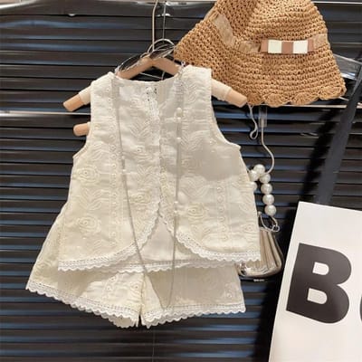 Kleding voor Baby Meisjes Bloemenborduurwerk Zomer Meisjes Sets Mouwloos Kant Vest + Korte Broek Outfits 3-7 Jaar Ronde Hals Kinderkleding 4T brown