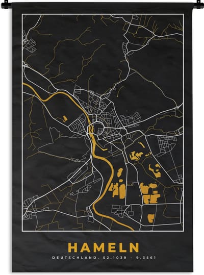 Wandkleed - Wanddoek - Duitsland – Black and Gold – Hameln – Stadskaart – Kaart – Plattegrond - 120x180 cm - Wandtapijt