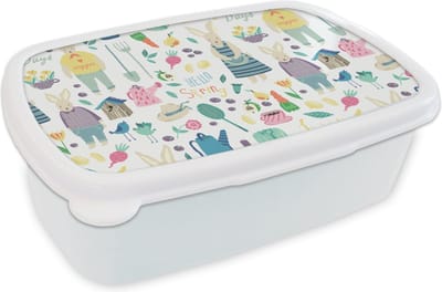 Broodtrommel Wit - Lunchbox - Brooddoos - Patronen - Konijn - Lente - Tuin - 18x12x6 cm - Volwassenen
