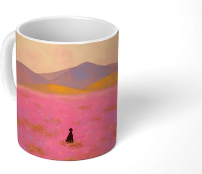 Mok - Koffiemok - Bloemenweide - Heuvels - Silhouet - Roze - Mokken - 350 ML - Beker - Koffiemokken - Theemok