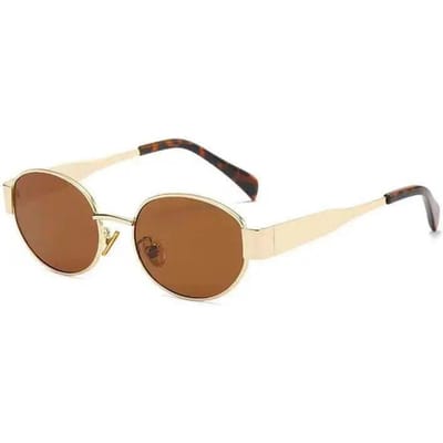 Petites lunettes de soleil ovales à monture métallique pour femmes 2024 Marque Designer Mode Luxe Nuances UV400 Lunettes Hommes Vintage Lunettes de soleil Lunettes de soleil non polarisées marron/or