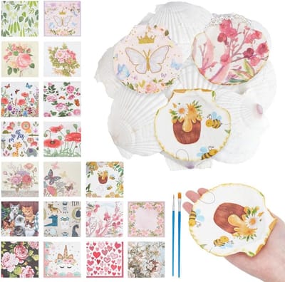 15 Pcs Scallop Shells voor Creatieve Projecten, 10cm Schelpen DIY Set met 40 Stuks Decoupage Papier en 4 Micro Detail Penselen voor Nautische Ocean Decoratie en Kunstwerken