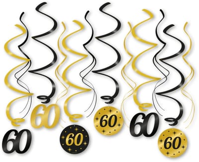 LUQ – Swirls 60 Jaar – Zwart-Goud – Luxe Hangdecoratie – 60 & Zelfverzekerd – Birthday Slingers Versiering – 12 Stuks