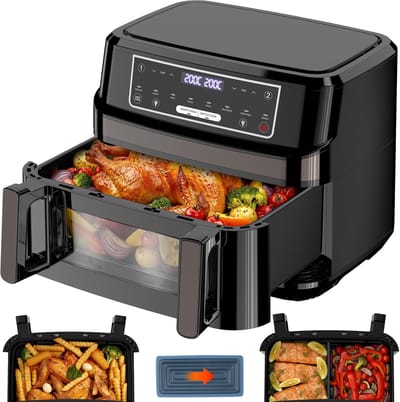 12L XXL Airfryer met Dubbele Mand – 2600W Heteluchtfriteuse met LED Touchscreen, Kijkvenster, Binnenverlichting en 8 Programma’s – Zwart