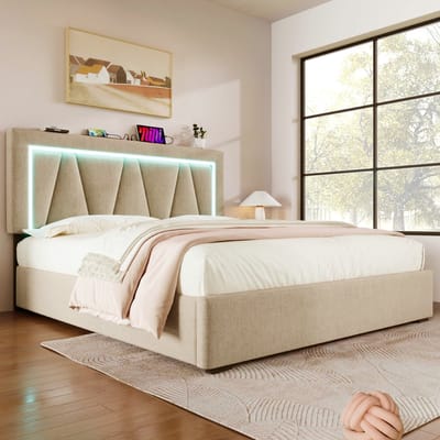 VVBV Gestoffeerd Opbergbed 160x200 cm - LED-Verlichting, Opbergruimte en USB, Lattenbodem - Linnen - Zonder Matras