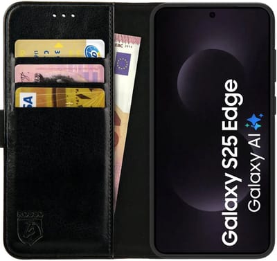 Rosso Element Geschikt voor Samsung Galaxy S25 Edge | Wallet Book Case | Portemonnee Hoesje | 3 Pasjes | Magneetsluiting | Stand Functie | Zwart