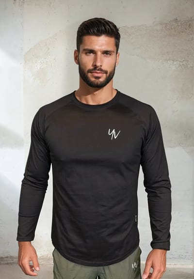 YV SPORT Longsleeve heren Santiago - Dunne long sleeve voor sport en fitness - Zacht katoen - Premium kwaliteit - Comfortabele, ruime fit - Shirt lange mouwen heren - Ademende stof - Sportkleding heren - Zwart - Maat S