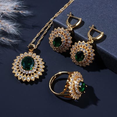 Nieuwe Groene Zirkonia Vergulde Bruiloft Sieradensets Voor Vrouwen Bloemenstijl Oorbellen Ketting Verstelbare Ring Armband black