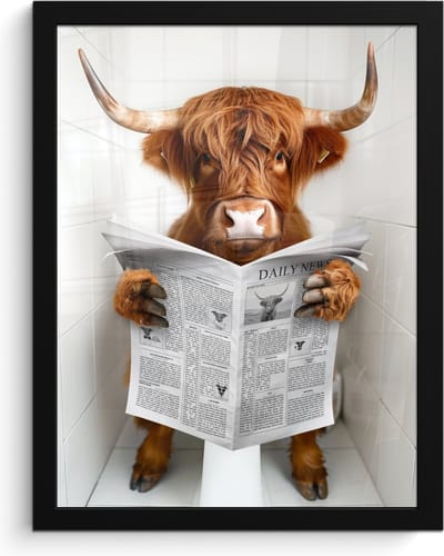 Poster in lijst - Fotolijst 30x40 cm - Posters - Schotse Hooglander - Dier - Krant - Toilet - Posterlijst zwart - Wanddecoratie badkamer - Muurdecoratie WC - Decoratieve accessoires - Toilet muur decoratie