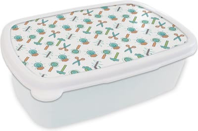 Broodtrommel Wit - Lunchbox - Brooddoos - Schaar - Potlood - Patronen - 18x12x6 cm - Volwassenen
