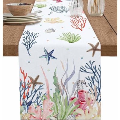 Chemin de table en lin motif Corail Océan à l'aquarelle pour table de salle à manger Lavable Chemin de table style ferme Décorations de fête de fin d'année Mariage 150x33cm