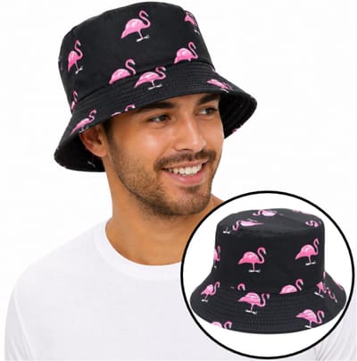 Pradeo - Bucket Hat - Vissershoedje - Buckethat - Flamingo - Omkeerbaar - Reversible - Carnaval - Feest - Festival - Vrijgezellenfeest - Outfit - Zwart - Roze - One Size Fits All