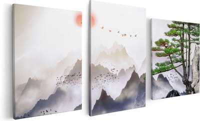 Artaza Canvas Schilderij Drieluik Bergenlandschap Met Een Boom - Abstract - 120x60 - Foto Op Canvas - Canvas Print