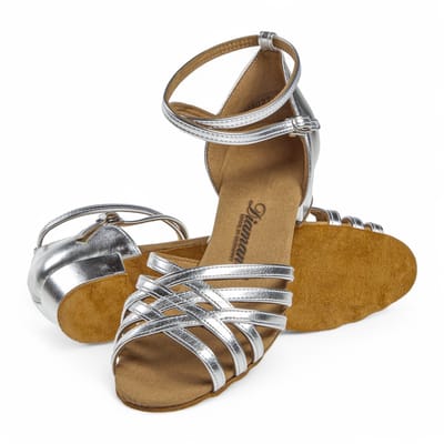 Lage Dames dansschoenen 008 - 035 - 013 - Comfortabele Latin Dansschoen - Lage stabile 2,8cm blokhak - Suede zool - Open teen model - Drukknopsluiting - Brede pasvorm - Soepel leer - Latin, Salsa, Bachata - Diamant - Zilver - 37