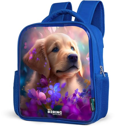 NoBoringSuitcases.com® - Rugzak blauw - Schooltas jongens - Jonge hond tussen felgekleurde bloemen - Kinder rugtas jongen - Boekentas kind - Kinderrugzak voor school - Schoolrugzak
