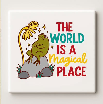 The World Is a Magical Place Kikker Tegel – 15x15 cm Inspirerende Keramische Wandtegel – Sprookjesachtig Natuurontwerp Cadeau voor Huis & Tuin