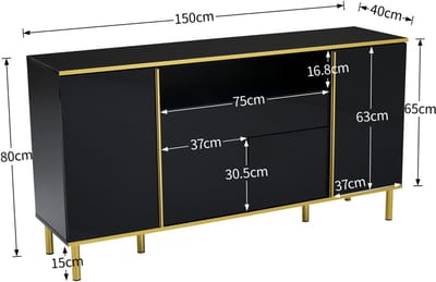 DESMIU Dressoir - Glanzende Opbergruimte Met LED En Lade - Voor Woonkamer En Slaapkamer - MDF En Spaanplaat - Zwart - 150x40x80 Cm