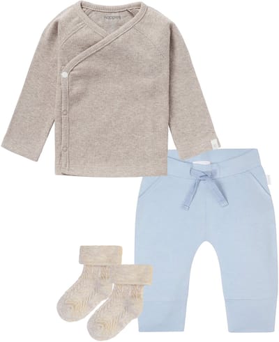 Noppies - Kledingset - 3 delig - Broek Naupli Lichtblauw - Shirt Nanyuki overslagshirt Taupe - 1 paar sokjes Taupe -Maat 44
