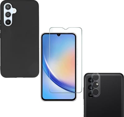 Back cover Silicone hoesje zwart met Screenprotector Glas 1x en Camera lens protector 1x Geschikt voor: Samsung Galaxy A14 4G