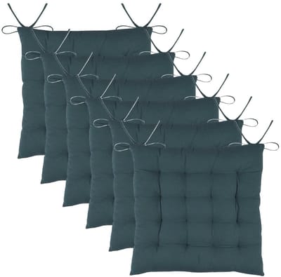 Stof Textile stoelkussens DUO - 6x - petrol blauw - 38 x 38 x 3.5 cm - touwtjes sluiting - zitkussens - binnen/buiten