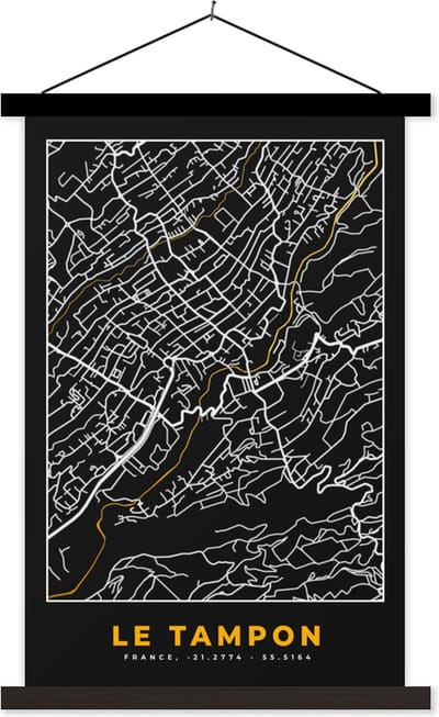Posterhanger incl. Poster 40x60 cm - Schoolplaat - Kaart – Stadskaart – Le Tampon - Plattegrond – Frankrijk - Textielposter - Zwarte latten - Stadskaart