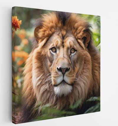 Saammp Canvas Schilderij - Leeuw tussen de oranje bloemen - Natuur - Dieren - 20x20 - Foto op canvas - Wanddecoratie - Muurdecoratie Woonkamer - Slaapkamer decoratie - Canvas Print