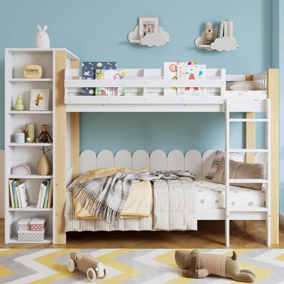 Wishdor Stapelbed 90x200 cm - Kledingkast en 6 Open Vakken - 4-Traps Ladder - Valbeveiliging - Wit en Naturel