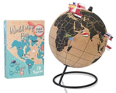 Wereldbol van zwart kurk 20 cm met 342 vlaggen - Decoratieve wereldkaart voor reizen en kantoor