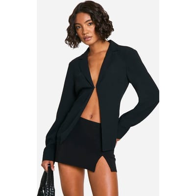 boohoo Dames Lange getailleerde crepe blouse met enkele sluiting | Zwart | Maat: 42