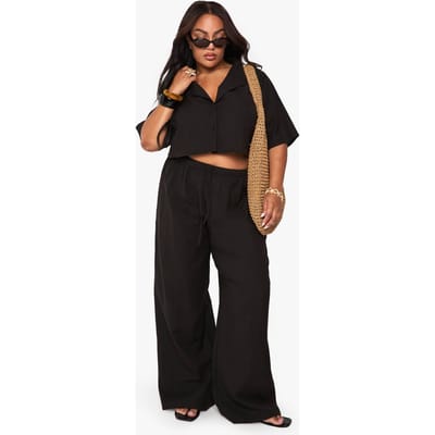boohoo Dames Plus Linnen Longline Crop Shirt & Broek Co-ord | Black | Maat: 26