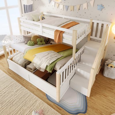 DESMIU Stapelbed 140x200cm – Stapelbed Met Hydraulische Opbergruimte En Trapopslag – Voor Kinderkamer En Logeerkamer – Grenenhout En MDF – Wit En Natuurlijk – Zonder Matras