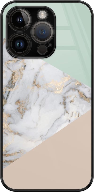 Hoesje geschikt voor iPhone 14 Pro - Marmer pastel mix - Luxe Glazen Hardcase - Marmer - Zwart, Goud - Leuke Telefoonhoesjes