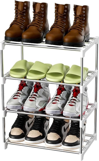Famanu Schoenenrek, van metaal, met 4 niveaus, licht, stapelbaar, voor 8 paar schoenen, zilver
