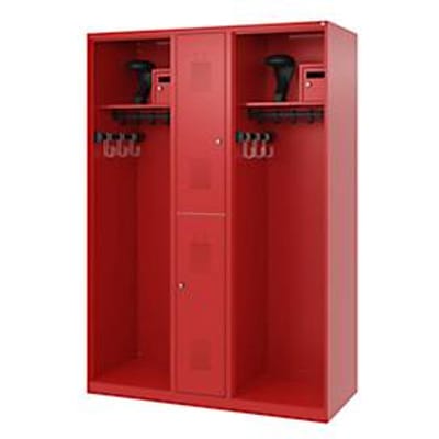 Brandweerkluis C+P Evolo Maxi, 4 vakken voor 2 personen, met helmhouder, vloerglijders, B 1300 x D 500 x H 1850 mm, RAL 3000 vuurrood