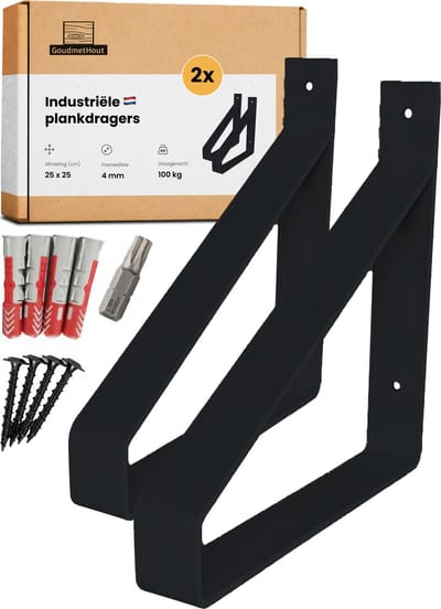 GoudmetHout Industriële Plankdragers 25 cm - Staal - Mat Zwart - 4 cm x 25 cm x 25 cm - Plankendrager