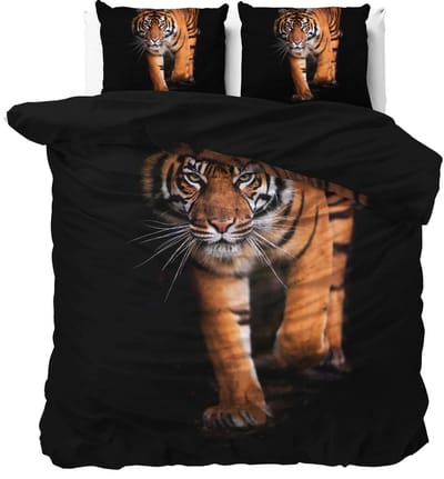Lits-jumeaux dekbedovertrek (dekbed hoes) zwart met grote goudbruine tijger / tiger (wild dier / animal) 240 x 220 cm (rustig natuurlijk beddengoed slaapkamer)