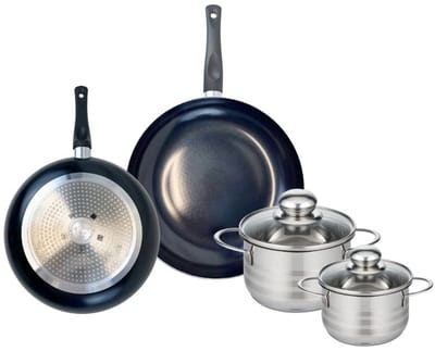 Set van 2 Koekenpannen 20 en 24 cm en 2 Kookpotten 12 en 14 cm Elo Prima Glanzend