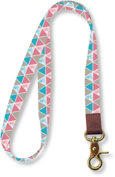 Travel Cords - Keycord Driehoekjes Blauw Roze - lanyard - draaglengte 45 cm - leer - metaal - canvas - sleutelkoord - karabijnhaak goudkleurig - sleutels - pasjes - telefoon