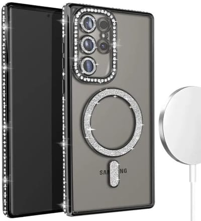 Hoesje met Diamantjes en Glitter Geschikt voor: Samsung Galaxy S24 Ultra - MagSafe Glitter Hoesje - Zwart met Diamanten steentjes - Glamour Hoesje