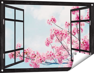 Gards Tuinposter Doorkijk Roze Bloesemboom - Bloemen - 90x60 cm - Tuindoek - Tuindecoratie - Wanddecoratie buiten - Tuinschilderij