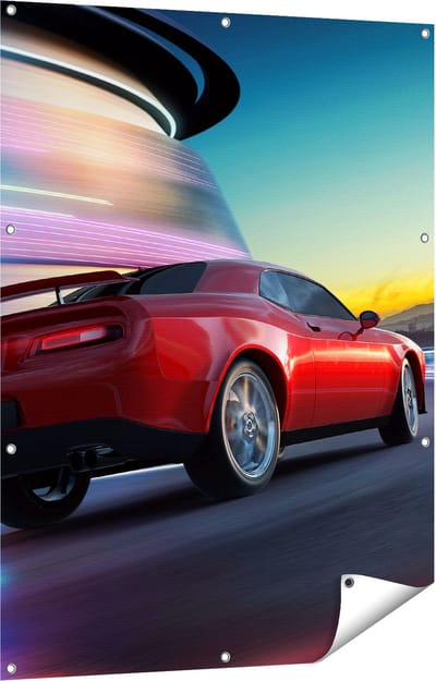 Gards Tuinposter Rode Sportwagen Auto in de Stad - 90x120 cm - Tuindoek - Tuindecoratie - Wanddecoratie buiten - Tuinschilderij