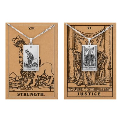 Tarot Ketting 8 | 11 bundel – Moed & Zelfbeheersing – Zilverkleurig Stainless Steel - Inclusief Rider-Waite Kaartjes - 60cm - Pax Amare