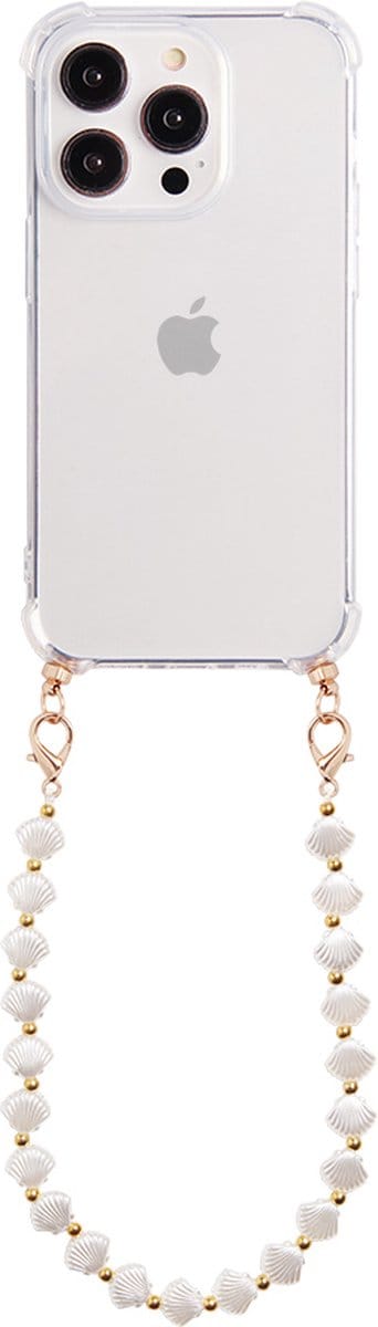 Casies hoesje geschikt voor Apple iPhone 12/12 Pro met koord - Zeeschelpen ketting - short size - Cord Case