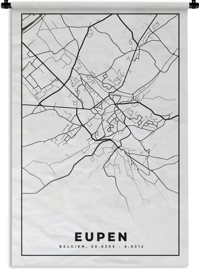 Wandkleed - Wanddoek - België – Eupen – Stadskaart – Kaart – Zwart Wit – Plattegrond - 120x180 cm - Wandtapijt
